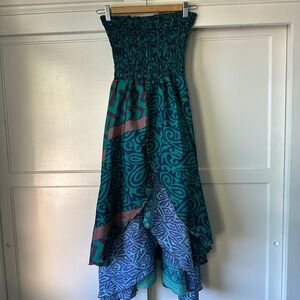 100% Silk Elegant Teal and Purple Strapless Dress